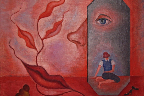 Self-Portrait (Know Thyself), an artwork presented within the exhibition "Rita Kernn-Larsen Surrealist Paintings"
