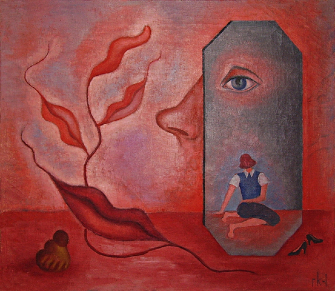 Self-Portrait (Know Thyself), an artwork presented within the exhibition "Rita Kernn-Larsen Surrealist Paintings"